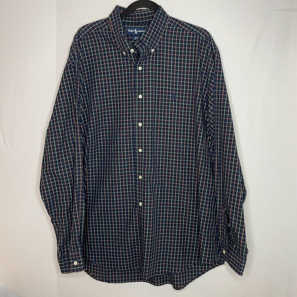 Ralph Lauren Shirt Men XL Blue Green Long‎ Sleeve Button Down Plaid Blake
